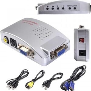 VGA to Video Converter Box – Multi-Port PC-to-TV Adapter, Zoom Controls, USB Power - Reliable and easy to Use - Silver
