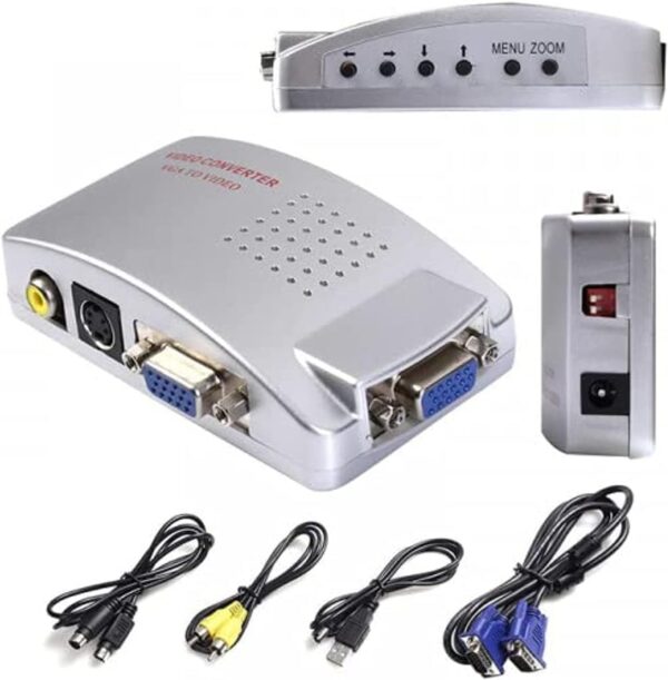 VGA to Video Converter Box – Multi-Port PC-to-TV Adapter, Zoom Controls, USB Power - Reliable and easy to Use - Silver