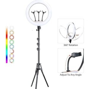 Portable MJ46 18'' RGB Desktop Soft LED Ring Light 16 RGB Colours with Three Mobile Holder  for Making YouTube, Insta Reels, Makeup Videos