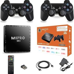 alt="M8Pro Mini Android 12 TV Box with 4K HDR, retro games and dual wireless controllers"