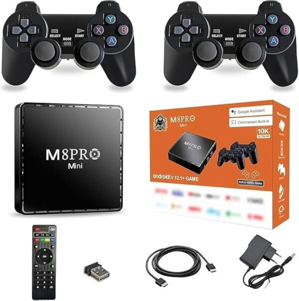 alt="M8Pro Mini Android 12 TV Box with 4K HDR, retro games and dual wireless controllers"