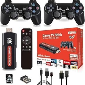 alt="Game Console Stick 8K Retro بألعاب مدمجة Wi‑Fi 5G مع وحدات تحكم لاسلكية"