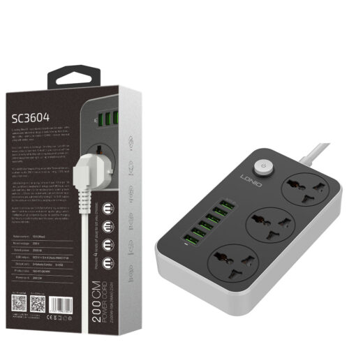 LDNIO SC3604 Power Strip 3 Outlets 6 USB 17 W 2 m Cable
