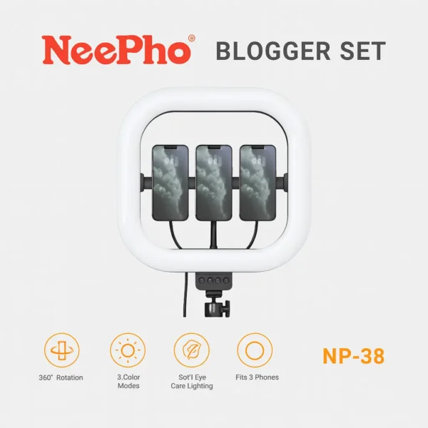 NeePho NP-38 Blogger LED Panel Light – Practical Studio Fill Light with Triple Phone Holder
