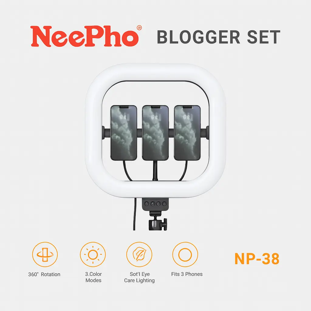 NeePho NP-38 Blogger LED Panel Light – Practical Studio Fill Light with Triple Phone Holder