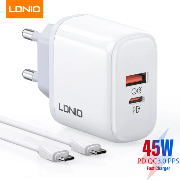 LDNIO LS-019 Powerful 45W Dual-Port PD Fast Charger, Turbo QC 3.0 USB-C + USB-A – White