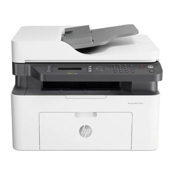 HP LaserJet MFP 137fnw: laser print/scan/copy/fax, up to 20 ppm, Wi-Fi/Ethernet, 40-sheet ADF, 150-sheet tray, 1200 dpi output for home office use.