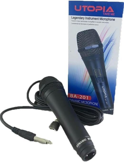 Utopia BA-201 dynamic microphone with metal body and hyper-cardioid pattern delivers focused vocals for singing and events in a compact, portable wired design.