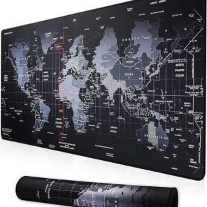 Gaming Mouse Pad Mouse Mat 900 * 400 * 3mm, Extended Mousepad Keyboard Desk Pad with Non-slip Rubber Base and Stitched Edges Mousepad or Laptop, Computer and PC - Black World Map